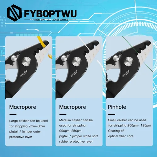 Miniatura 6 de 1 unid V-CFS-3 Pelacables de fibra óptica de 3 orificios de acero inoxidable herramienta de pelado de fibra óptica con mango de 6 pulgadas, azul