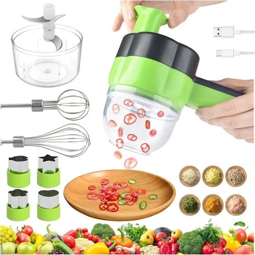 Juego de cortador de verduras eléctrico 4 en 1 portátil, recargable, procesador de alimentos y picadora inalámbrica para mezclar alimentos para la