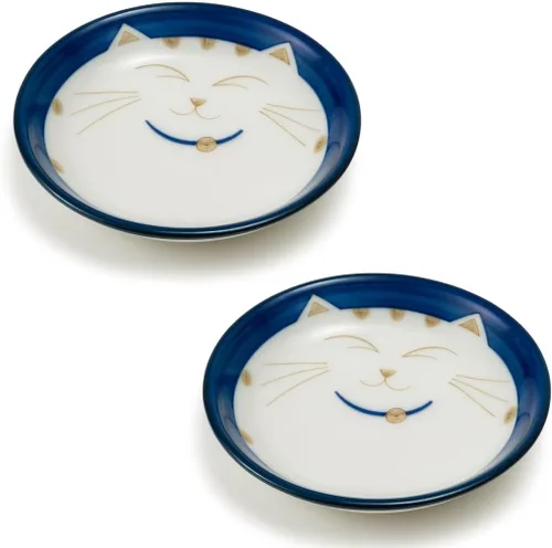JapanBargain 2566 - Juego de 2 platos de salsa japonesa de porcelana para aperitivo, postre y pastel con patrón de gato sonriente de la suerte