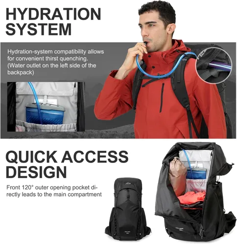 Miniatura 6 de IX INOXTO 55L Mochila con armazón interno resistente al agua para senderismo y camping con vejiga de agua de 3L y cubierta contra la lluvia, mochila