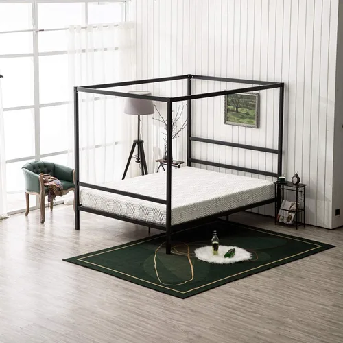 Miniatura 7 de Bonnlo Marco de cama con toldo negro tamaño matrimonial con cabecero, plataforma de metal de 10 pulgadas con 4 carteles, no necesita somier