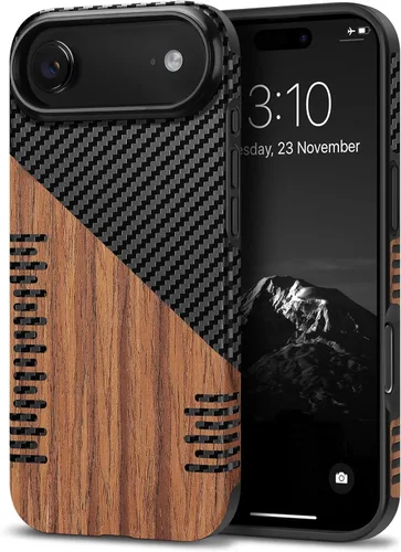 Miniatura 39 de TENDLIN Compatible con iPhone 17 Pro Max Funda de madera con textura de fibra de carbono Diseño de cuero híbrido delgado (negro)
