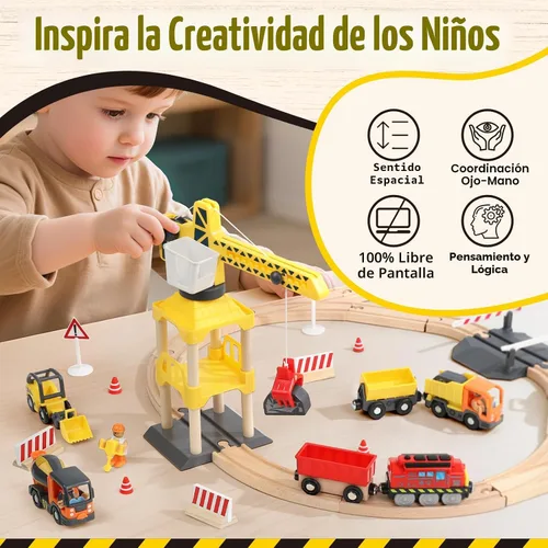 Miniatura 2 de Lehoo Castle Juego de tren de madera, juguetes de construcción para niños de 2 a 4 años, pista de tren de madera para niños con grúa, juguetes