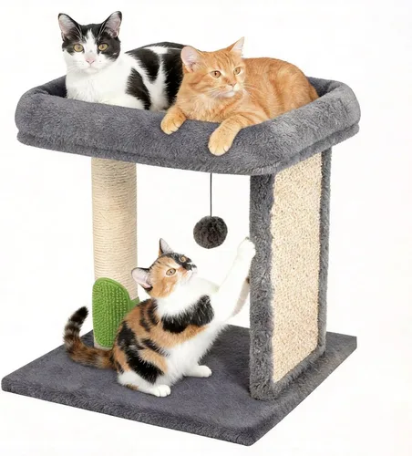 Poste rascador para gatos pequeño con auto peluquero para gatos, cama superior de 17.3 x 13.4 pulgadas de ancho, poste de rascador natural y bola de