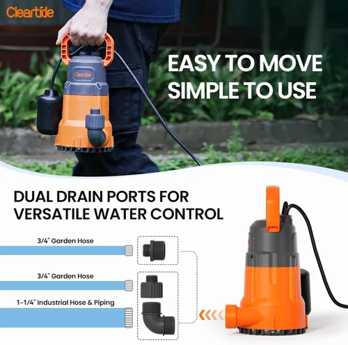 Miniatura 6 de Cleartide Bomba de sumidero sumergible con interruptor de flotador con correa, bomba de agua utilitaria de 1/2 HP, bomba de drenaje eléctrica maneja