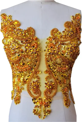Miniatura 14 de Apliques de encaje hechos a mano con diamantes de imitación para coser en cuentas y lentejuelas para accesorios de ropa de vestido, (verde)