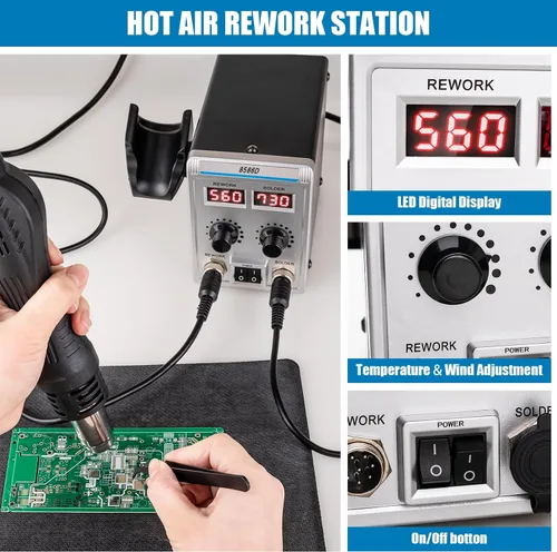 Miniatura 3 de 8586D Estación de soldadura 2 en 1, estación de retrabajo de aire caliente SMD, pantalla digital dual LED con pistola de calor y kit de soldadura