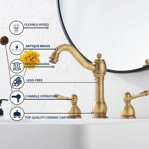 Miniatura 4 de Grifo de 2 manijas para lavabo de tres agujeros, grifo de lavabo de baño extendido, grifo mezclador, manguera de suministro incluida, desagüe Latón