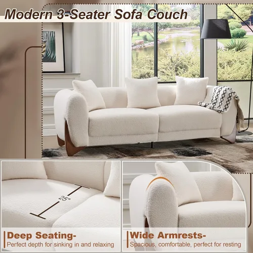Miniatura 4 de Sofá Sherpa Boucle Moderno Tipo Nube de 3 Plazas de 87", Sofá con Patas de Madera Maciza, Asiento Extra Profundo de 25", Cómodo Sofá Tapizado