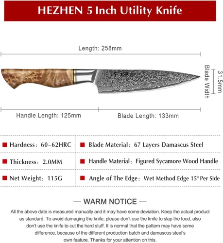Miniatura 2 de HEZHEN Cuchillo utilitario de 5 pulgadas con filo de navaja - Acero de Damasco con patrón de rosa multifuncional VG10 cuchillo profesional
