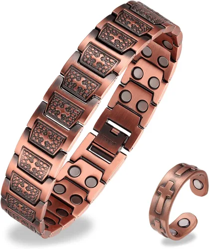 Miniatura 10 de Juego de pulsera magnética y anillo para hombre, 99.99% de cobre puro, diseño de cruz ajustable y nudo celta, regalo para papá
