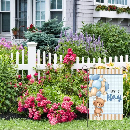 Miniatura 4 de Bandera de jardín con texto en inglés "It's A Boy" de 12 x 18 pulgadas, globos de oso de peluche de doble cara, bandera de jardín para bebé, baby