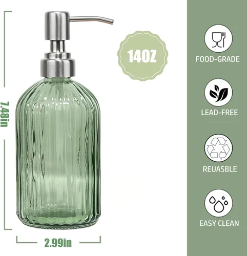 Miniatura 2 de Dispensador de jabón verde de 14 onzas para baño, paquete de 2, dispensadores de jabón de manos de vidrio transparente con bomba de acero