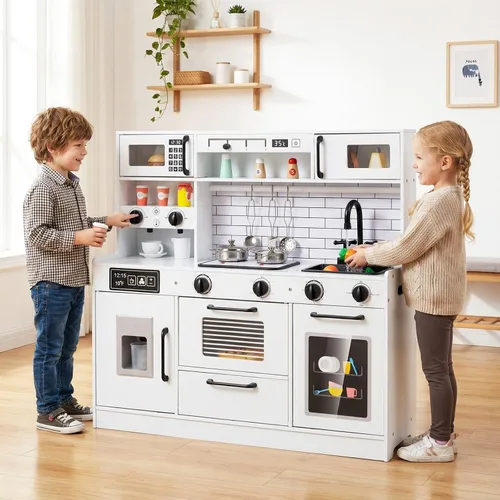 Miniatura 9 de INFANS Juego de cocina para niños, cocina de madera con sonido ligero realista, juguete de cocina para niños y niñas mayores de 3 años (blanco)