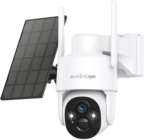 Cámaras de seguridad solar Armorcope inalámbricas para exteriores, vista de 360°, alimentadas por batería con foco, visión nocturna a color, WiFi 2K
