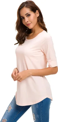 Miniatura 2 de Camisetas de algodón para mujer, estilo casual, cuello redondo, longitud al codo