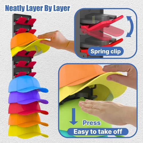 Miniatura 3 de Organizador de sombreros para gorras de béisbol, paquete de 2 con clips de resorte integrados, soporte de pared para sombreros de armario