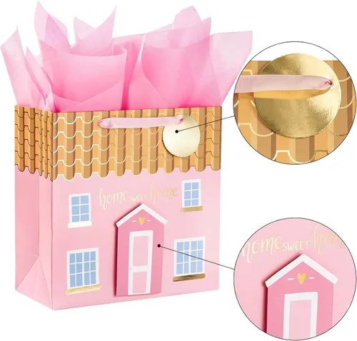 Miniatura 7 de LeZakaa Bolsa de regalo rosa de 10.4 pulgadas con papel de seda, etiqueta de regalo y tarjeta, Home Sweet Home con Paster 3D para inauguración