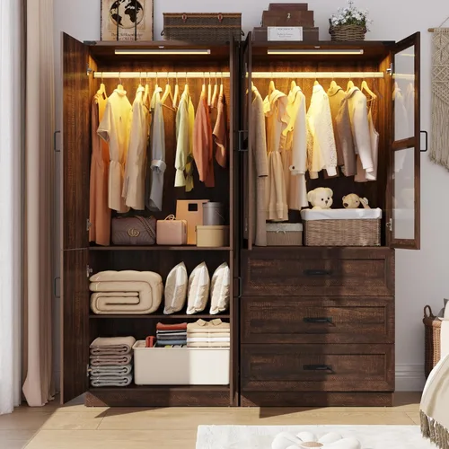 Miniatura 15 de Hlivelood Armario Ropero Estilo Granja de 75" de Alto con 2 Puertas con LED, Armario Independiente para Dormitorio con Barra para Colgar, Gabinete