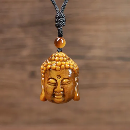 Miniatura 4 de Collar con colgante de cabeza de Buda con ojo de tigre genuino, Piedra
