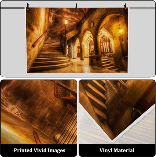 Miniatura 3 de AOFOTO Telón de fondo interior de castillo medieval vintage de 8 x 6 pies, columnas de arco retro, fondo de fotografía, escalera antigua, luz tenue