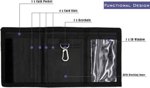 Miniatura 6 de Cartera de bloqueo de RFID (identificación de frecuencia de radio) de tres partes de lona, para deportes al aire libre, para niños. Cartera