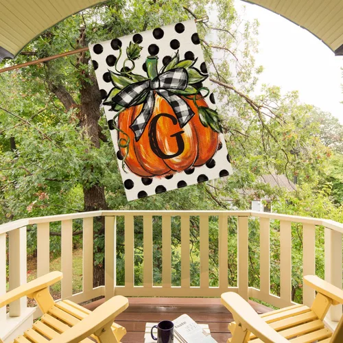 Miniatura 4 de AVOIN colorlife Bandera de casa con monograma de otoño con letra G, diseño de lunares, calabaza, 28 x 40 pulgadas, doble cara exterior, pequeña