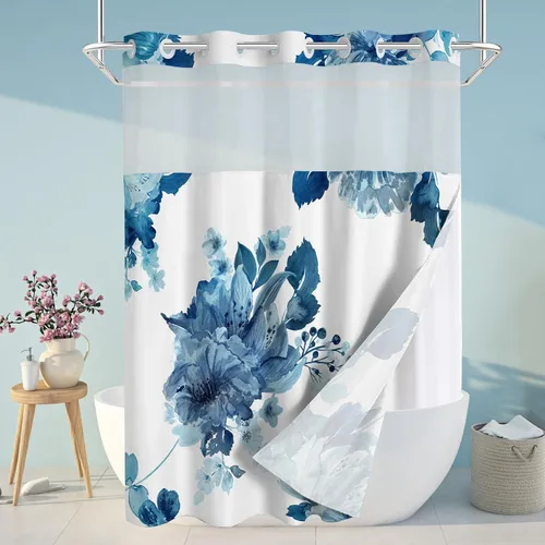 Miniatura 19 de Juego de cortina de ducha y forro sin gancho, cortinas de ducha florales negras para baño, juegos de cortinas de baño de hotel moderno con forro a