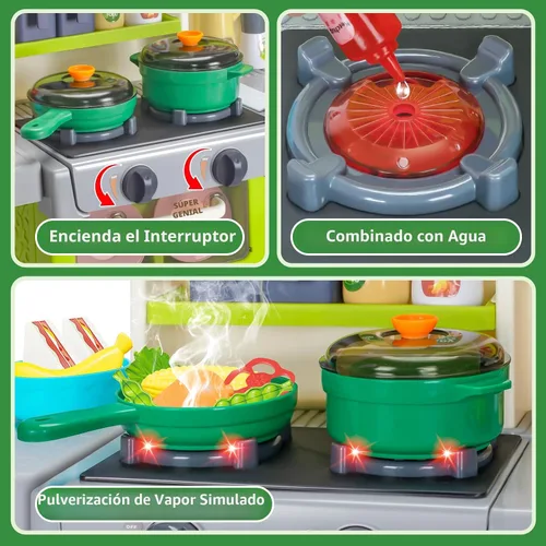 Miniatura 4 de Juego de cocina para niños, juego de cocina para niños pequeños con sonido y luz, estufa de cocina con vapor, fregadero de juegos, juguete de comida