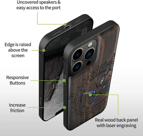 Miniatura 6 de Carveit Funda protectora de madera de diseñador para iPhone 13 Pro Max, cubierta magnética, grabado en madera e incrustaciones de concha, funda