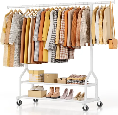 Miniatura 12 de EAGMAK Perchero de ropa resistente con capacidad de carga de 192 kg, perchero enrollable con estantes, colgador de ropa ajustable de metal