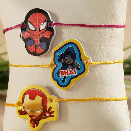 Miniatura 6 de Juego de 3 superhéroes Rakhi para hermano pequeño y hermana Rakhi de lujo para pequeño Bhai Bro Rakhi hilo RNJ0042, Algodón, No es una piedra