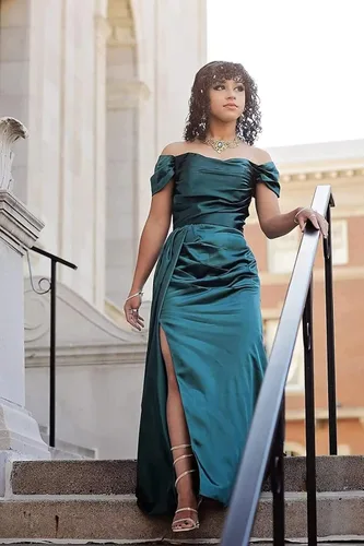 Miniatura 6 de Vestidos de fiesta con hombros descubiertos para mujer, vestido de dama de honor de satén largo con tren, vestido de fiesta de noche formal