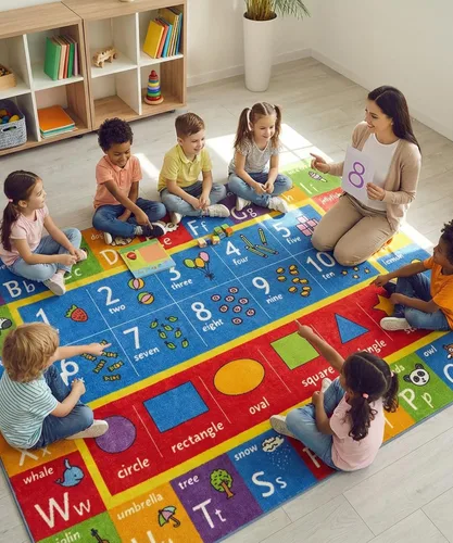 Miniatura 10 de KC Cubs Alfombra educativa antideslizante con alfabeto, números y formas de 3 x 3 pulgadas, para niños, guardería, aula, sala de juegos, guardería