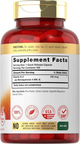 Miniatura 2 de Suplemento de vitamina K2 Carlyle 100 mcg K2 MK-4 240 cápsulas Sin OGM y sin gluten