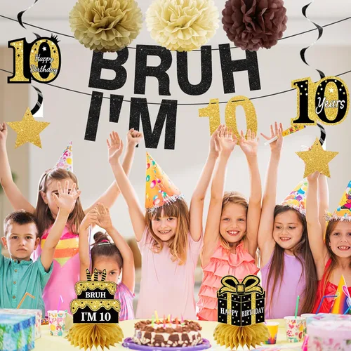 Miniatura 5 de Turypaty 11 piezas de decoración de cumpleaños número 10 para niños y niñas, pancarta de feliz cumpleaños número 10 en negro y dorado con texto