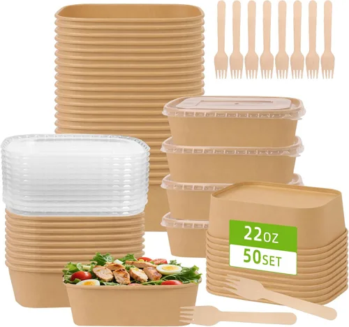 Miniatura 12 de Paquete de 50 recipientes de comida de papel de 19 onzas con tapas, recipientes de preparación de comidas, cuencos de papel grandes desechables