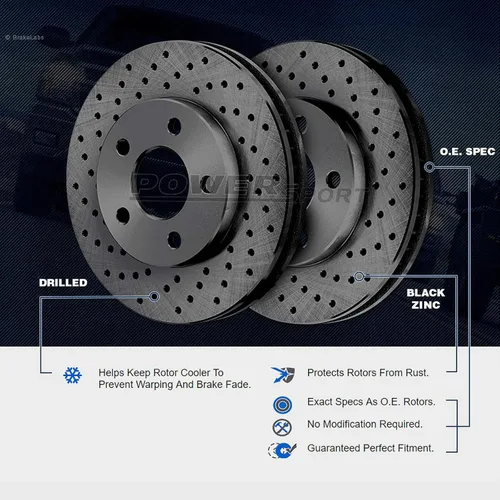 Miniatura 5 de Power Sport Para Mitsubishi Montero 1990-2004, Montero Sport PowerSport Kit de rotores de freno perforados cruzados de zinc negro + pastillas