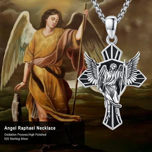 Miniatura 5 de Collar de plata de ley 925, collar de RafaelUrielChristopher de plata de ley 925 con alas de cruz, collar de amuleto de protección, collar