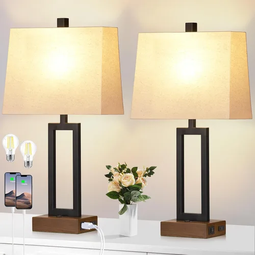 Miniatura 10 de Lolikit Juego de 2 lámparas de mesa de 25 pulgadas, lámpara de mesa moderna para sala de estar con 2 puertos de carga USB, lámpara de noche Gris