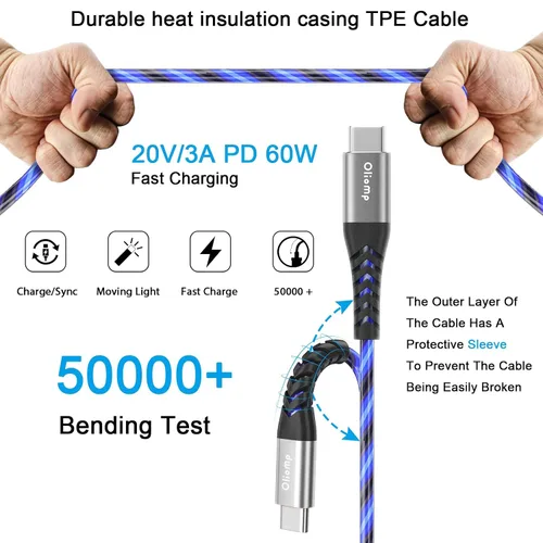 Miniatura 3 de Cable LED USB C a C de 6 pies 60 W 3A de carga rápida para iPhone15/15Pro/15Plus/15ProMax/iPad Pro2022/Air, Samsung S23 (azul)