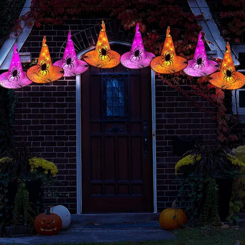 Miniatura 8 de WATERGLIDE Decoraciones de Halloween, 8 sombreros de bruja colgantes iluminados, con 8 modos de iluminación, cadena de luces de Halloween de 16