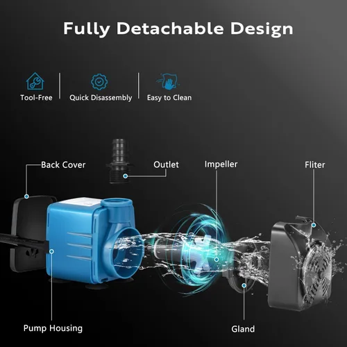 Miniatura 4 de TONGCHANT Bomba sumergible, 480 GPH y elevación de 8.2 pies Bomba de fuente de flujo ajustable de 35 W para tanque de peces y acuario pequeño, 3