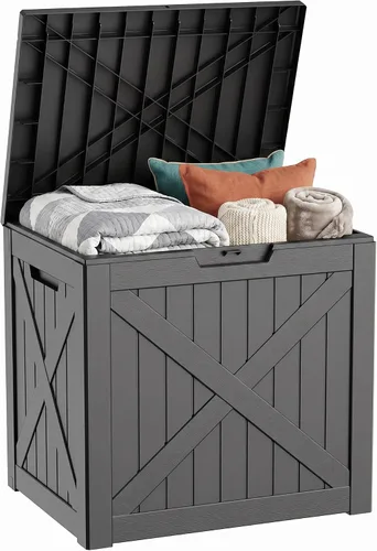 Miniatura 26 de Caja de cubierta para exteriores de 120 galones, cajas de almacenamiento impermeables con cerradura para herramientas de jardín, cojines de Gris