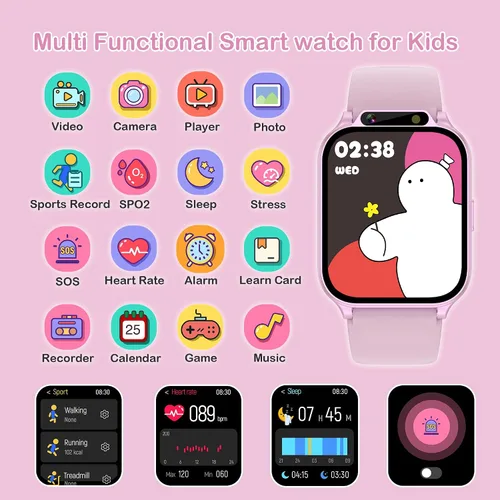 Miniatura 2 de Relojes inteligentes para niños con rastreador de fitness, modo deportivo impermeable IP68, dial de ritmo cardíaco, monitor de sueño, podómetro, Rosa
