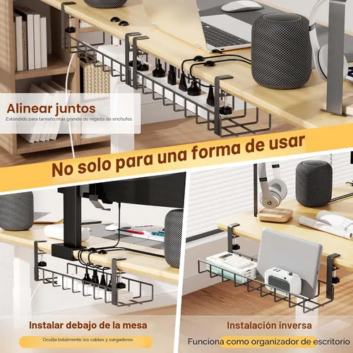 Miniatura 4 de Paquete de 2 bandejas de organización de cables debajo del escritorio, 31.4 pulgadas, organización de cables debajo del escritorio sin taladrar Negro