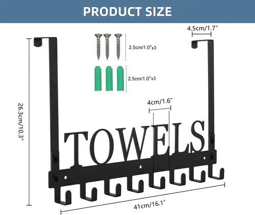 Miniatura 2 de Azmoncy Ganchos sobre la puerta, toallero para baño, soporte para toallas para colgar de alta resistencia, colgador de toallas de montaje en pared