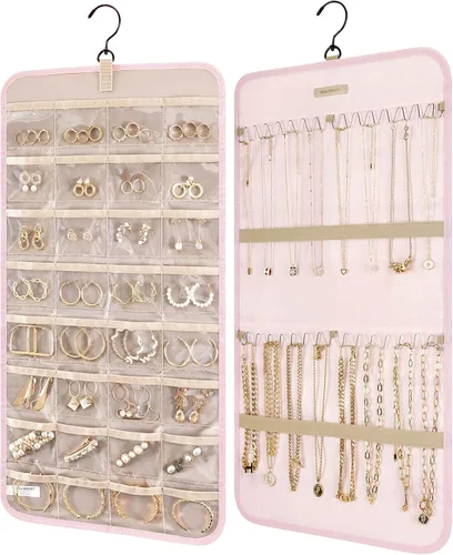 Miniatura 11 de Organizador de joyas colgante BAGSMART con rollo de almacenamiento y ganchos metálicos, soporte doble para aretes, collares, anillos en el armario