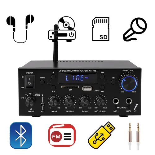 Miniatura 2 de Amplificador de audio 800W, amplificador estéreo para el hogar con 2 canales, RMS 60Wx2, Bluetooth 5.0, mini amplificador HiFi con eco, micrófono