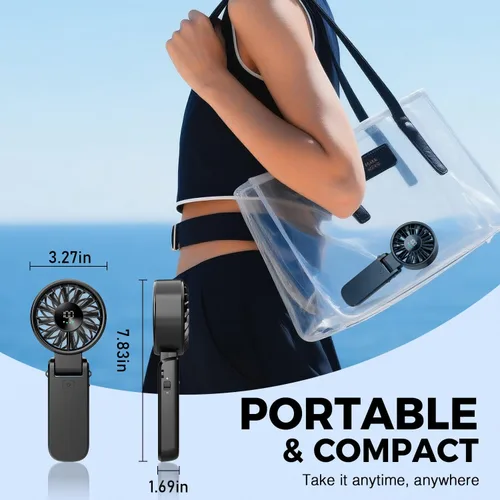 Miniatura 6 de Portable Handheld Fan with Power Bank, 5000mAh Battery, Digital Display & 6-Speed Turbo – Foldable 3 in 1 Rechargeable Mini Fan for Desk, Neck